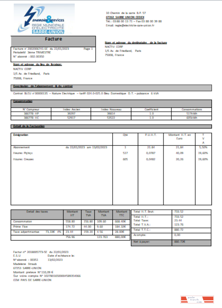 Energies & Services Regie Municipal d Electricite Sarre Union electricity utility business bill, SCR PSD template